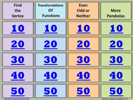 Find the Vertex Transformations Of Functions Even Odd or Neither More Parabolas 10 20 30 40 50 10 20 30 40 50 10 20 30 40 50 10 20 30 40 50 Hardtke Jeopardy.