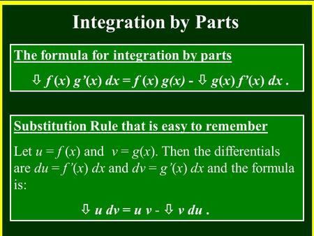 CHAPTER 2 2.4 Continuity Integration by Parts The formula for integration by parts  f (x) g’(x) dx = f (x) g(x) -  g(x) f’(x) dx. Substitution Rule that.