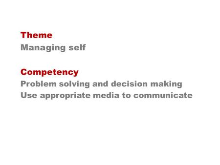 Theme Managing self Competency Problem solving and decision making Use appropriate media to communicate.