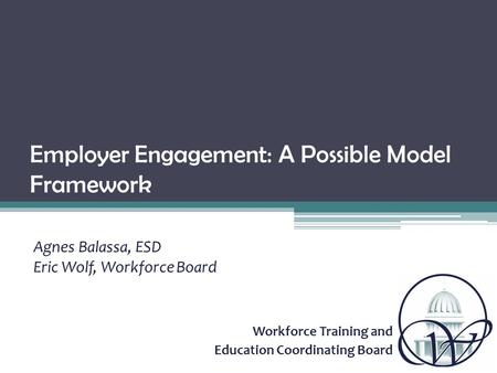 Workforce Training and Education Coordinating Board Employer Engagement: A Possible Model Framework Agnes Balassa, ESD Eric Wolf, Workforce Board.