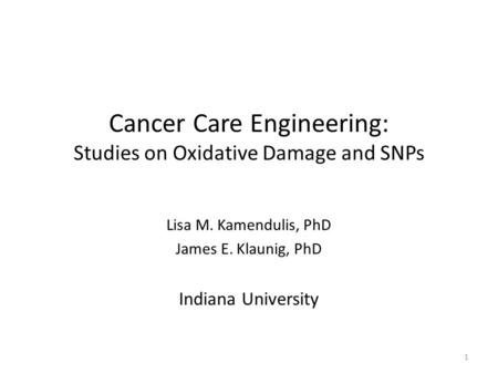 Cancer Care Engineering: Studies on Oxidative Damage and SNPs Lisa M. Kamendulis, PhD James E. Klaunig, PhD Indiana University 1.