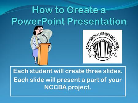 Each student will create three slides. Each slide will present a part of your NCCBA project.