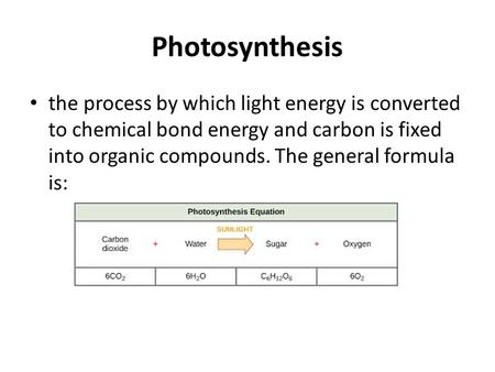 Photosynthesis the process by which light energy is converted to chemical bond energy and carbon is fixed into organic compounds. The general formula is: