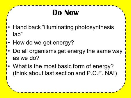 Do Now Hand back “illuminating photosynthesis lab”