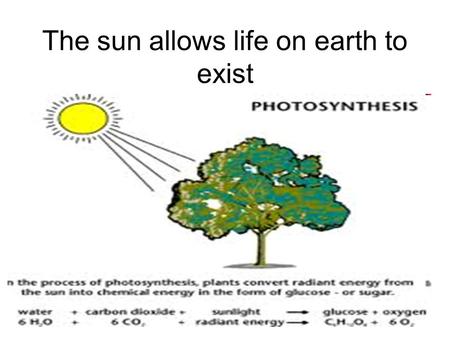 The sun allows life on earth to exist. Photosynthesis –Is the process that uses solar energy to convert water and carbon dioxide into chemical energy.