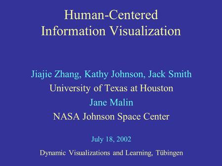 Human-Centered Information Visualization Jiajie Zhang, Kathy Johnson, Jack Smith University of Texas at Houston Jane Malin NASA Johnson Space Center July.