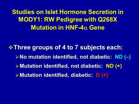 Studies on Islet Hormone Secretion in MODY1: RW Pedigree with Q268X Mutation in HNF-4  Gene  Three groups of 4 to 7 subjects each:  No mutation identified,