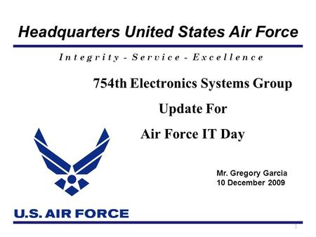 Headquarters United States Air Force I n t e g r i t y - S e r v i c e - E x c e l l e n c e 754th Electronics Systems Group Update For Air Force IT Day.