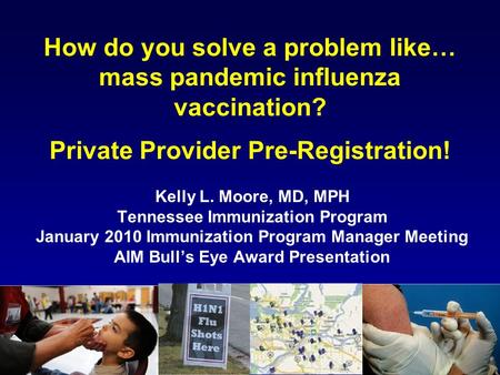How do you solve a problem like… mass pandemic influenza vaccination? Private Provider Pre-Registration! Kelly L. Moore, MD, MPH Tennessee Immunization.