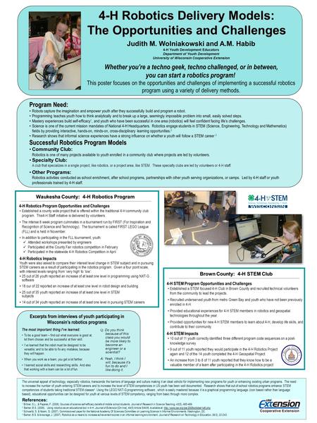 4-H Robotics Delivery Models: The Opportunities and Challenges Judith M. Wolniakowski and A.M. Habib 4-H Youth Development Educators Department of Youth.