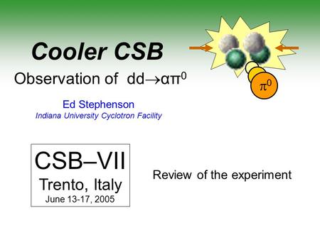00 Cooler CSB Observation of dd  απ 0 CSB–VII Trento, Italy June 13-17, 2005 Ed Stephenson Indiana University Cyclotron Facility Review of the experiment.