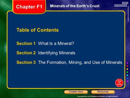 Chapter F1 Table of Contents Section 1 What Is a Mineral?