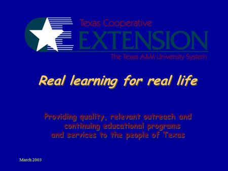 March 2003 Real learning for real life Providing quality, relevant outreach and continuing educational programs and services to the people of Texas Providing.