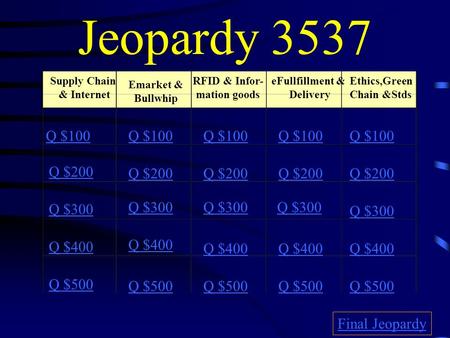 Jeopardy 3537 Supply Chain & Internet Emarket & Bullwhip RFID & Infor- mation goods eFullfillment & Delivery Ethics,Green Chain &Stds Q $100 Q $200 Q.