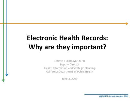 NAPHSIS Annual Meeting 2009 Electronic Health Records: Why are they important? Linette T Scott, MD, MPH Deputy Director Health Information and Strategic.