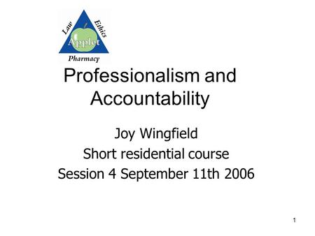 1 Professionalism and Accountability Joy Wingfield Short residential course Session 4 September 11th 2006.