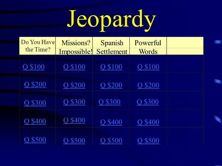 Jeopardy Missions? Impossible! Spanish Settlement s Powerful Words Q $100 Q $200 Q $300 Q $400 Q $500 Q $100 Q $200 Q $300 Q $400 Q $500 Do You Have the.