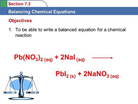Pb(NO3)2 (aq) + 2NaI (aq) PbI2 (s) + 2NaNO3 (aq) Objectives