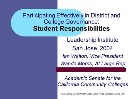 Participating Effectively in District and College Governance: Student Responsibilities Leadership Institute San Jose, 2004 Ian Walton, Vice President Wanda.