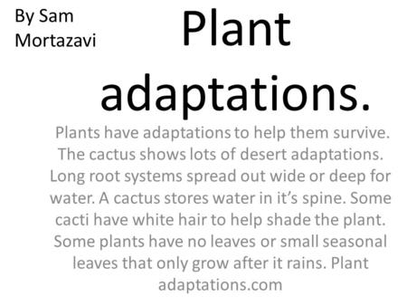 Plant adaptations. Plants have adaptations to help them survive. The cactus shows lots of desert adaptations. Long root systems spread out wide or deep.