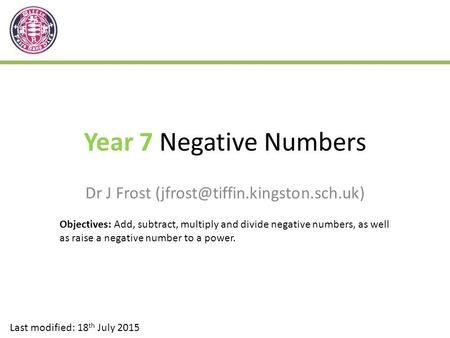 Year 7 Negative Numbers Dr J Frost
