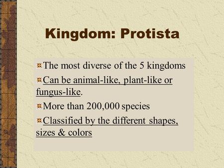 Kingdom: Protista The most diverse of the 5 kingdoms Can be animal-like, plant-like or fungus-like. More than 200,000 species Classified by the different.