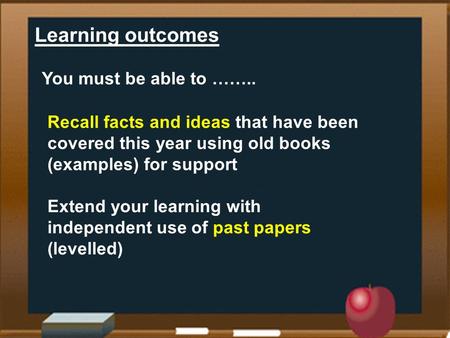 Learning outcomes You must be able to …….. Recall facts and ideas that have been covered this year using old books (examples) for support Extend your learning.