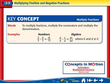 Key Concept Animation: Multiplying Fractions. Lesson 3 Ex1 Multiply Positive Fractions Divide 3 and 9 by their GCF, 3. Answer: Simplify. Multiply the.