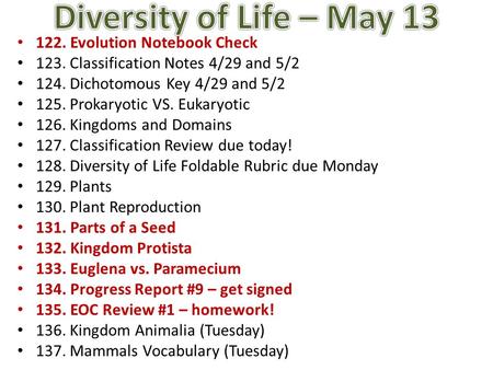 122. Evolution Notebook Check 123. Classification Notes 4/29 and 5/2 124. Dichotomous Key 4/29 and 5/2 125. Prokaryotic VS. Eukaryotic 126. Kingdoms and.
