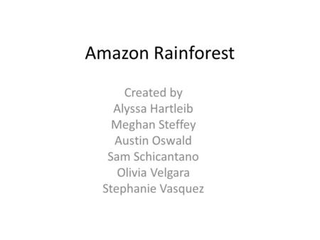 Amazon Rainforest Created by Alyssa Hartleib Meghan Steffey Austin Oswald Sam Schicantano Olivia Velgara Stephanie Vasquez.