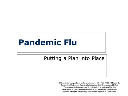 Pandemic Flu Putting a Plan into Place This material was produced under grant number SH-17035-08-60-F-11 from the Occupational Safety and Health Administration,