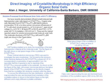 Direct Imaging of Crystallite Morphology in High Efficiency Organic Solar Cells Alan J. Heeger, University of California-Santa Barbara, DMR 0856060 Solution-Processed.