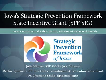 Julie Hibben, SPF SIG Project Director Debbie Synhorst, SPF SIG Project Coordinator & Prevention Consultant Dr. Ousmane Diallo, Epidemiologist Iowa’s Strategic.