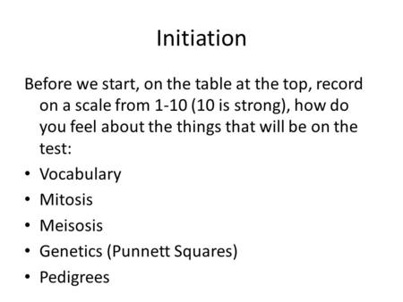 Initiation Before we start, on the table at the top, record on a scale from 1-10 (10 is strong), how do you feel about the things that will be on the test: