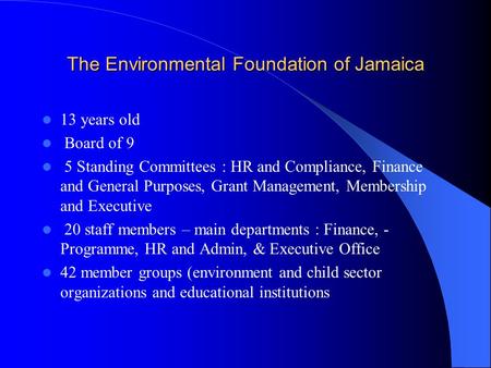 The Environmental Foundation of Jamaica 13 years old Board of 9 5 Standing Committees : HR and Compliance, Finance and General Purposes, Grant Management,