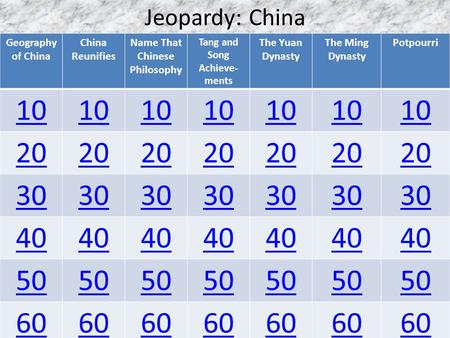 Jeopardy: China Geography of China China Reunifies Name That Chinese Philosophy Tang and Song Achieve- ments The Yuan Dynasty The Ming Dynasty Potpourri.