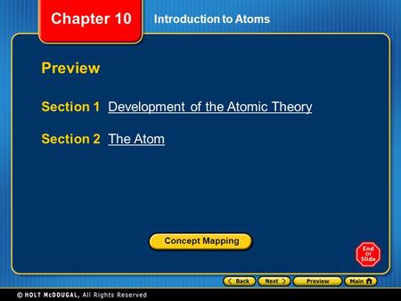 Preview Section 1 Development of the Atomic Theory Section 2 The Atom