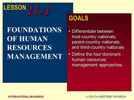 © SOUTH-WESTERN THOMSONINTERNATIONAL BUSINESS LESSON11-1 GOALS  Differentiate between host-country nationals, parent-country nationals, and third-country.