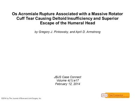 Os Acromiale Rupture Associated with a Massive Rotator Cuff Tear Causing Deltoid Insufficiency and Superior Escape of the Humeral Head by Gregory J. Pinkowsky,