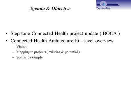 Agenda & Objective Stepstone Connected Health project update ( BOCA ) Connected Health Architecture hi – level overview –Vision –Mapping to projects (