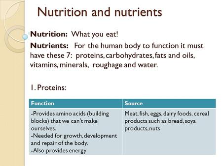 Nutrition and nutrients Nutrition: What you eat! Nutrients: For the human body to function it must have these 7: proteins, carbohydrates, fats and oils,