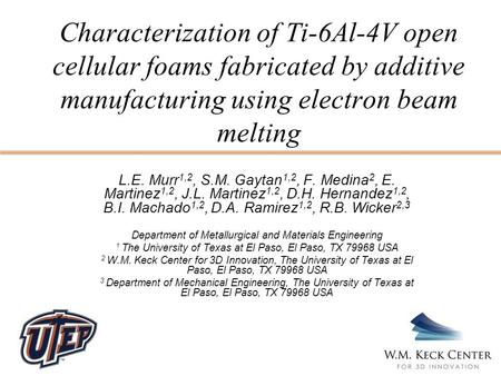 Characterization of Ti-6Al-4V open cellular foams fabricated by additive manufacturing using electron beam melting L.E. Murr 1,2, S.M. Gaytan 1,2, F. Medina.