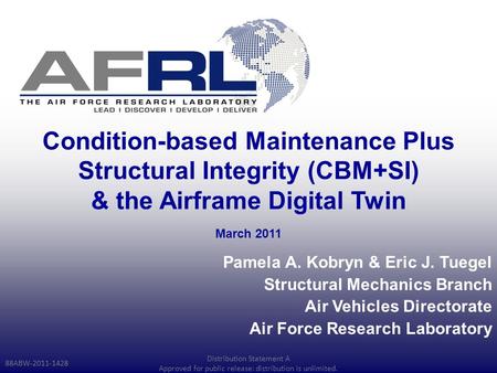 Condition-based Maintenance Plus Structural Integrity (CBM+SI) & the Airframe Digital Twin Pamela A. Kobryn & Eric J. Tuegel Structural Mechanics Branch.