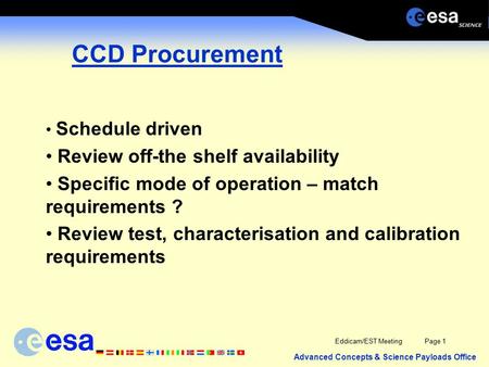 Advanced Concepts & Science Payloads Office Eddicam/EST MeetingPage 1 CCD Procurement Schedule driven Review off-the shelf availability Specific mode of.