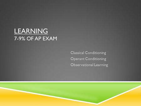 LEARNING 7-9% OF AP EXAM Classical Conditioning Operant Conditioning Observational Learning.