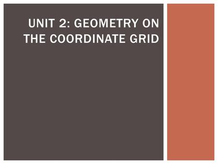 UNIT 2: GEOMETRY ON THE COORDINATE GRID.  Distance Formula  equation of a line  linear function  Midpoint Formula  point-slope form  rate of change.