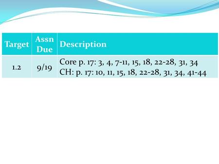 Target Assn Due Description 1.29/19 Core p. 17: 3, 4, 7-11, 15, 18, 22-28, 31, 34 CH: p. 17: 10, 11, 15, 18, 22-28, 31, 34, 41-44.