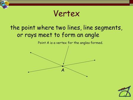 Vertex the point where two lines, line segments, or rays meet to form an angle Point A is a vertex for the angles formed. A.