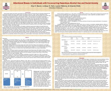 Attentional Biases in Individuals with Co-occurring Hazardous Alcohol Use and Social Anxiety Amy K. Bacon, Lindsay S. Ham, Lauren Mahony, & Amanda Wells.