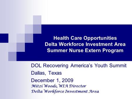 Health Care Opportunities Delta Workforce Investment Area Summer Nurse Extern Program DOL Recovering America’s Youth Summit Dallas, Texas December 1, 2009.
